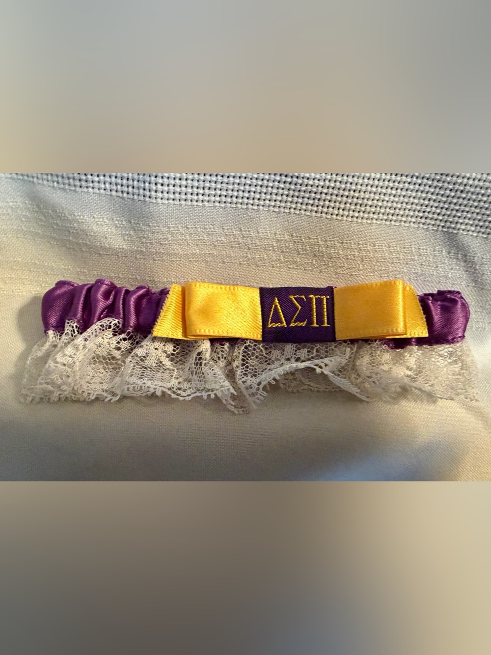 Delta Sigma Pi Purple and Gold Sorority Ribbon Garter with Lace Accent
